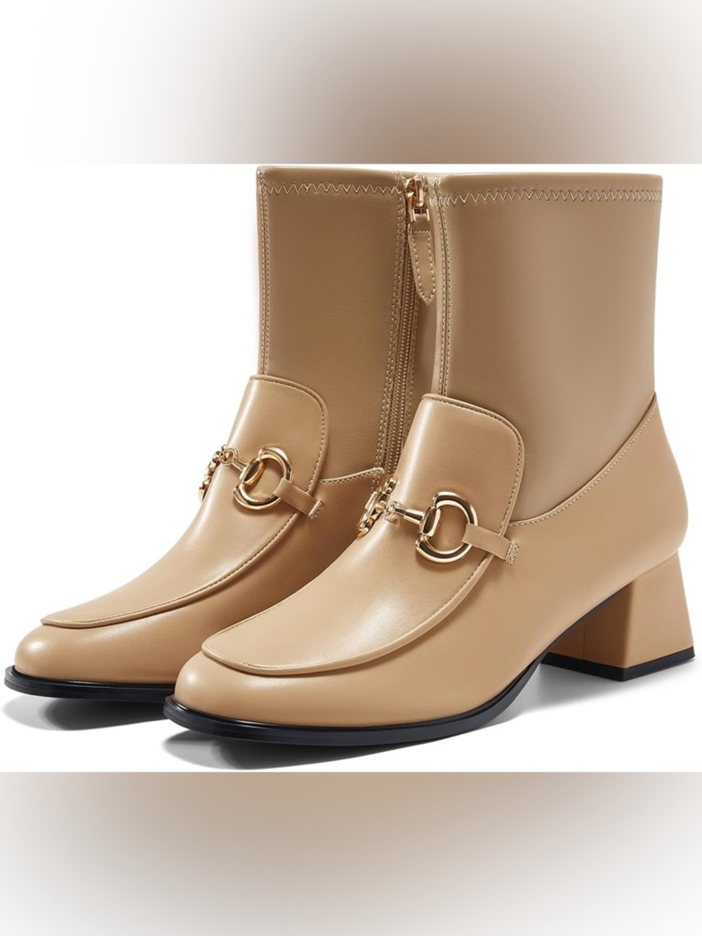 NEW Tan Square Toe Ankle Boots Chunky Low Heel Metal Chain Side Zipper Size 7